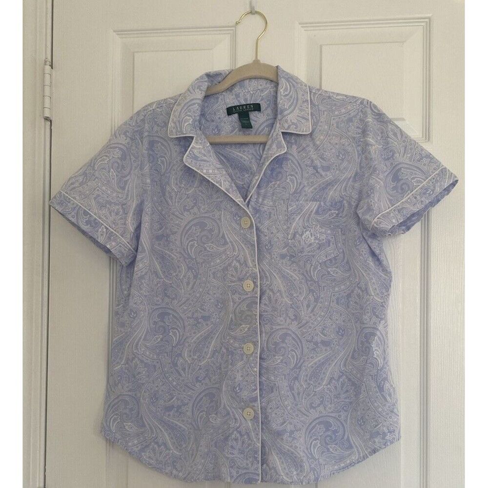 LAUREN RALPH LAUREN Blue Paisley Short Sleeve Pajama Top Woman L 100% Cotton
